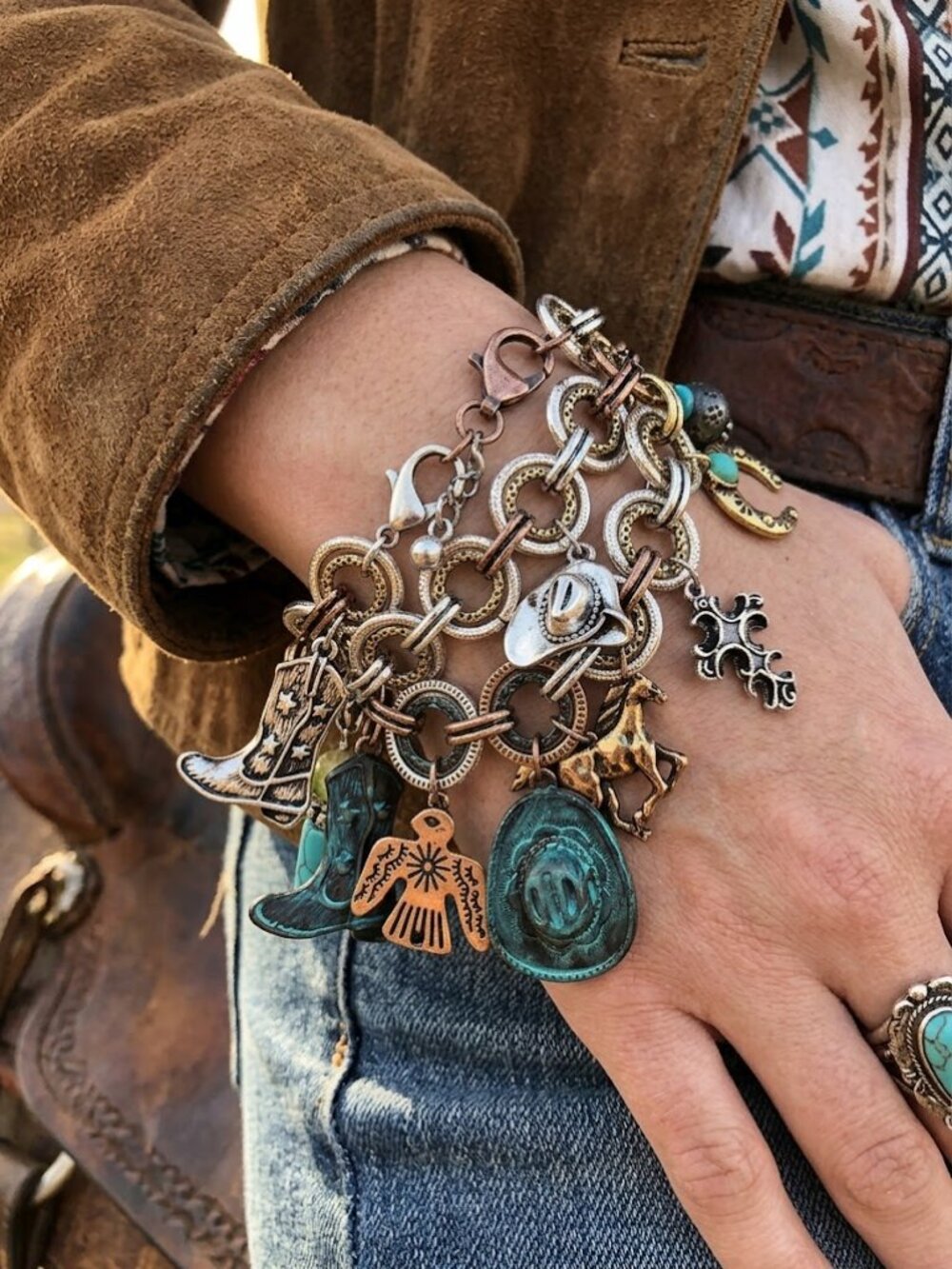 BUNDLE STACK - Set of TWO (2) Western Cowgirl Boho Charm Bracelets Patina & Slv